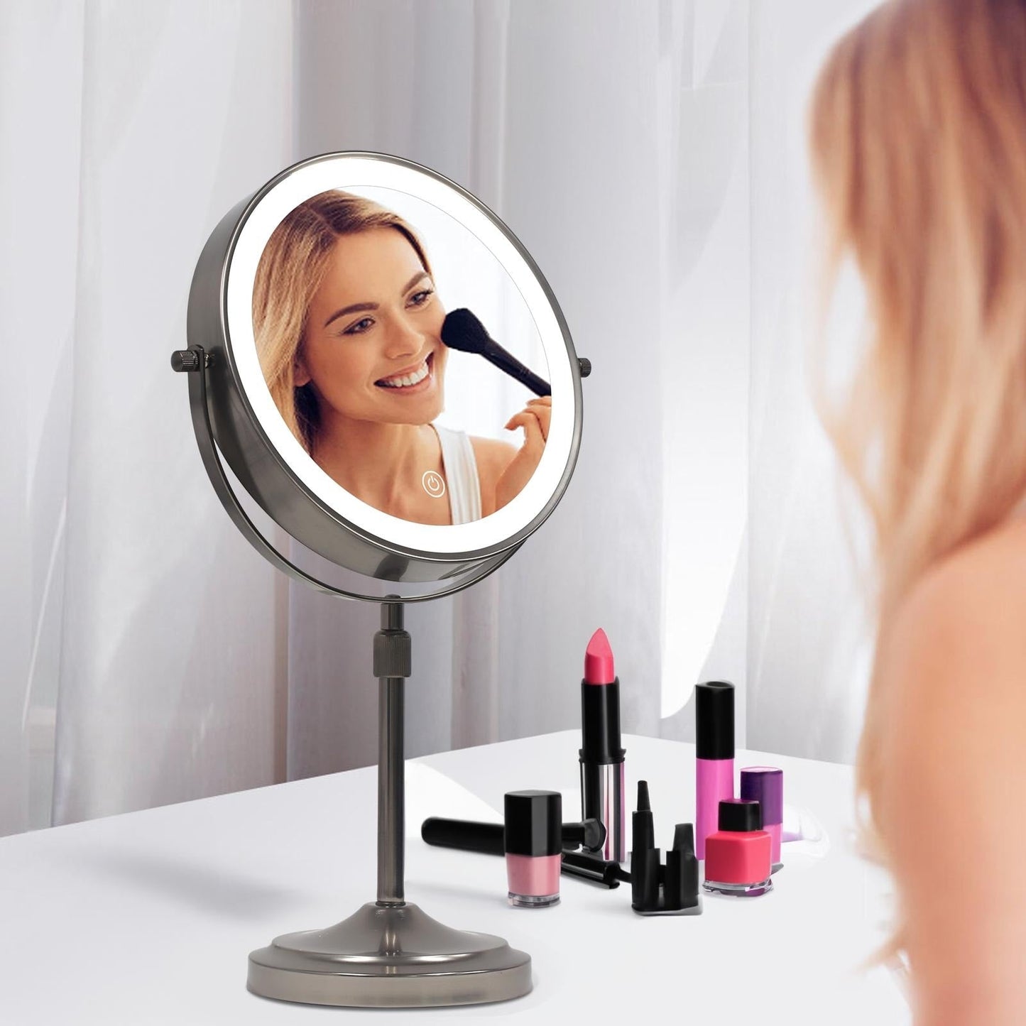 Miroir de maquillage éclairé à 9 LED, miroir grossissant double face avec grossissement 1X/10x, 3 couleurs d'éclairage
