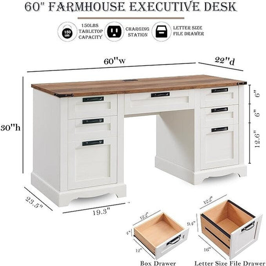 Bureau exécutif Farmhouse 60, bureau en bois pour la maison, bureau d'ordinateur