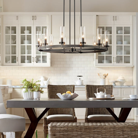 Lustre à 12 lumières en forme de roue de chariot, style moderne du milieu du siècle, en verre transparent, style doré/noir, grand modèle