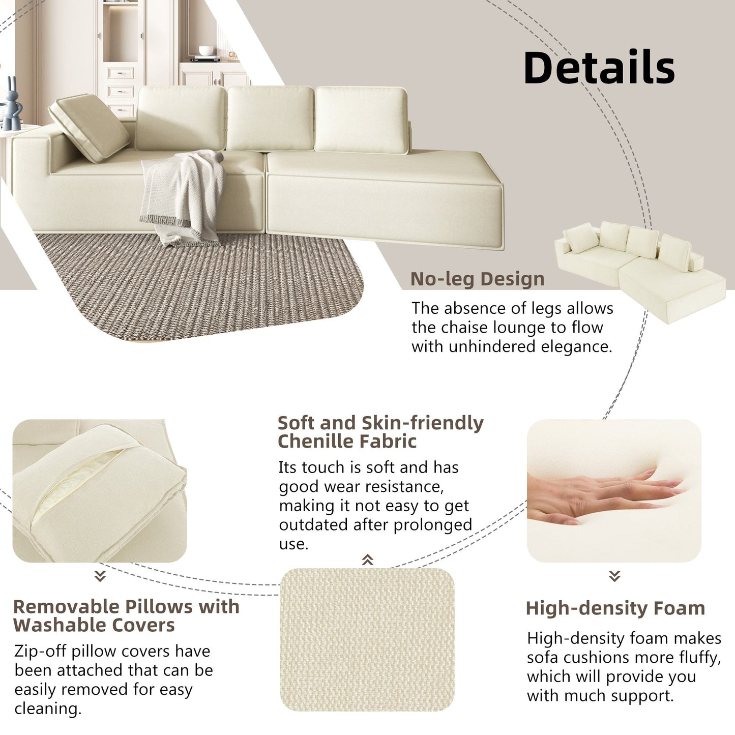 Canapé-lit d'intérieur moderne et élégant, 125 cm, aux lignes épurées, pour salon, beige