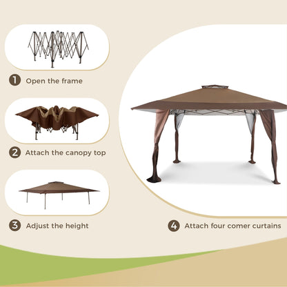 Gazebo de jardin renforcé escamotable avec rideau d'angle élégant - 13 x 13 pi