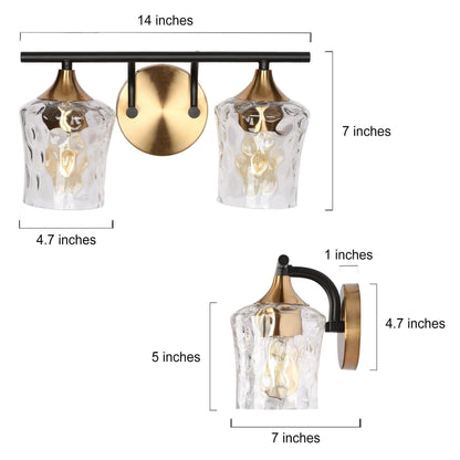 Applique murale de salle de bain moderne à 2, 3 ou 4 lampes, couleur or et noir, avec verre martelé