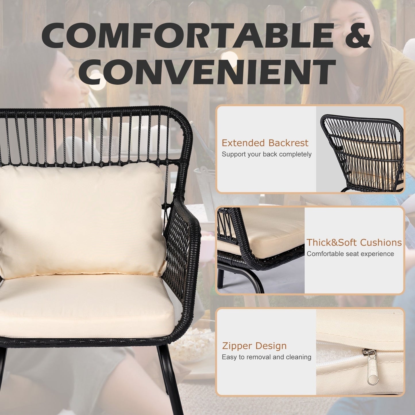 Ensemble de bistrot d'extérieur 3 pièces en osier, mobilier de jardin en rotin toutes saisons, chaises de patio avec coussins