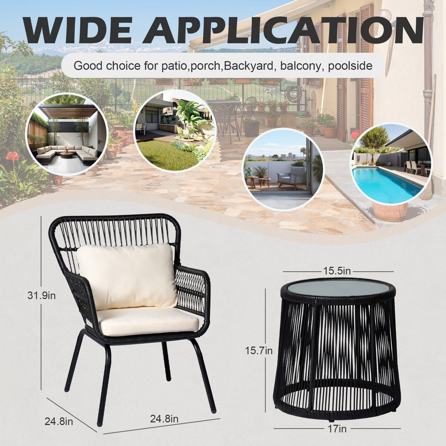 Ensemble de bistrot d'extérieur 3 pièces en osier, mobilier de jardin en rotin toutes saisons, chaises de patio avec coussins