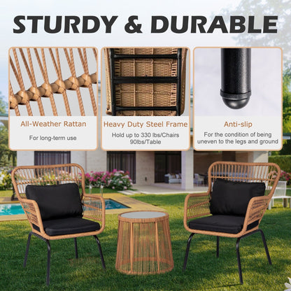 Ensemble de bistrot d'extérieur 3 pièces en osier, mobilier de jardin en rotin toutes saisons, chaises de patio avec coussins