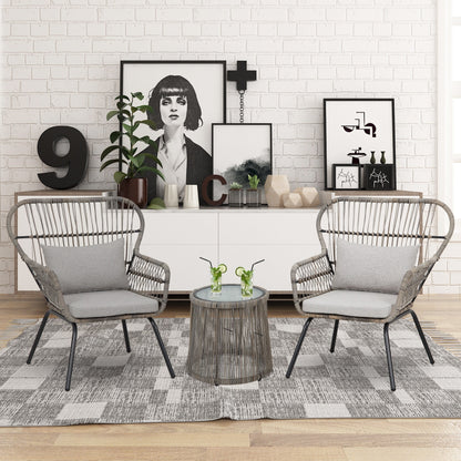 Ensemble de bistrot d'extérieur 3 pièces en osier, mobilier de jardin en rotin toutes saisons, chaises de patio avec coussins