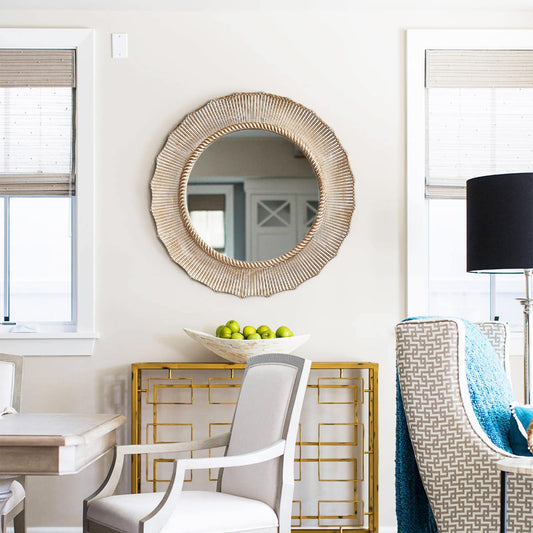 Miroir mural décoratif rond en bois de style bohème beige de 30 po pour salle de bain