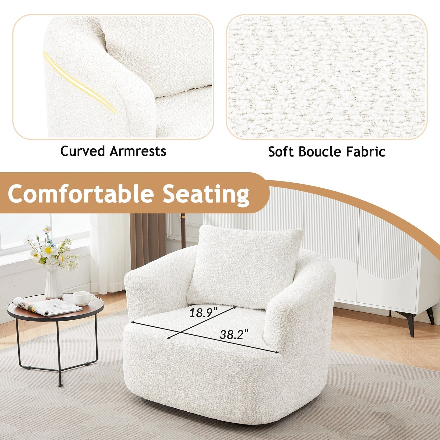 Fauteuil pivotant à 360°, fauteuil d'appoint Boucle 38,2 avec coussin décoratif, fauteuil tonneau rembourré avec accoudoirs incurvés