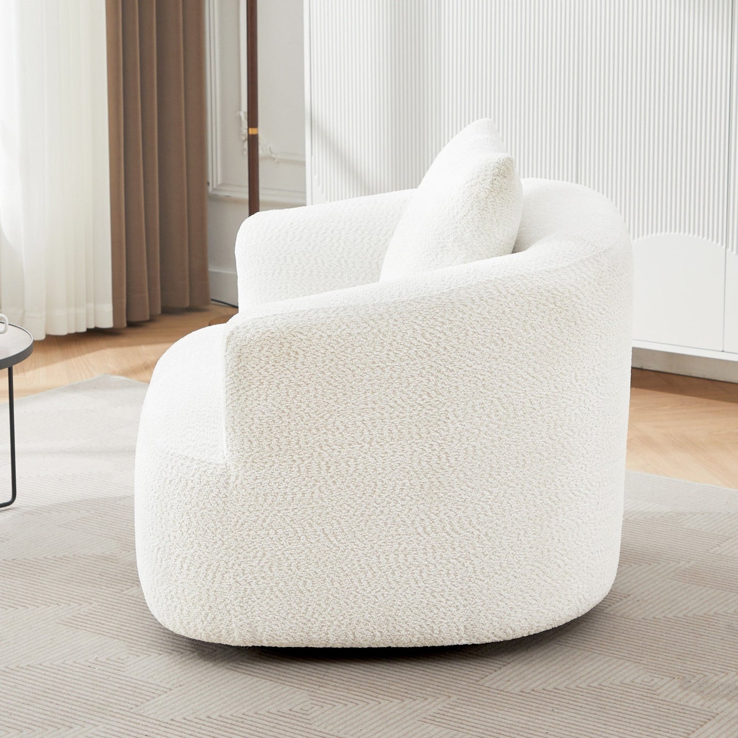 Fauteuil pivotant à 360°, fauteuil d'appoint Boucle 38,2 avec coussin décoratif, fauteuil tonneau rembourré avec accoudoirs incurvés