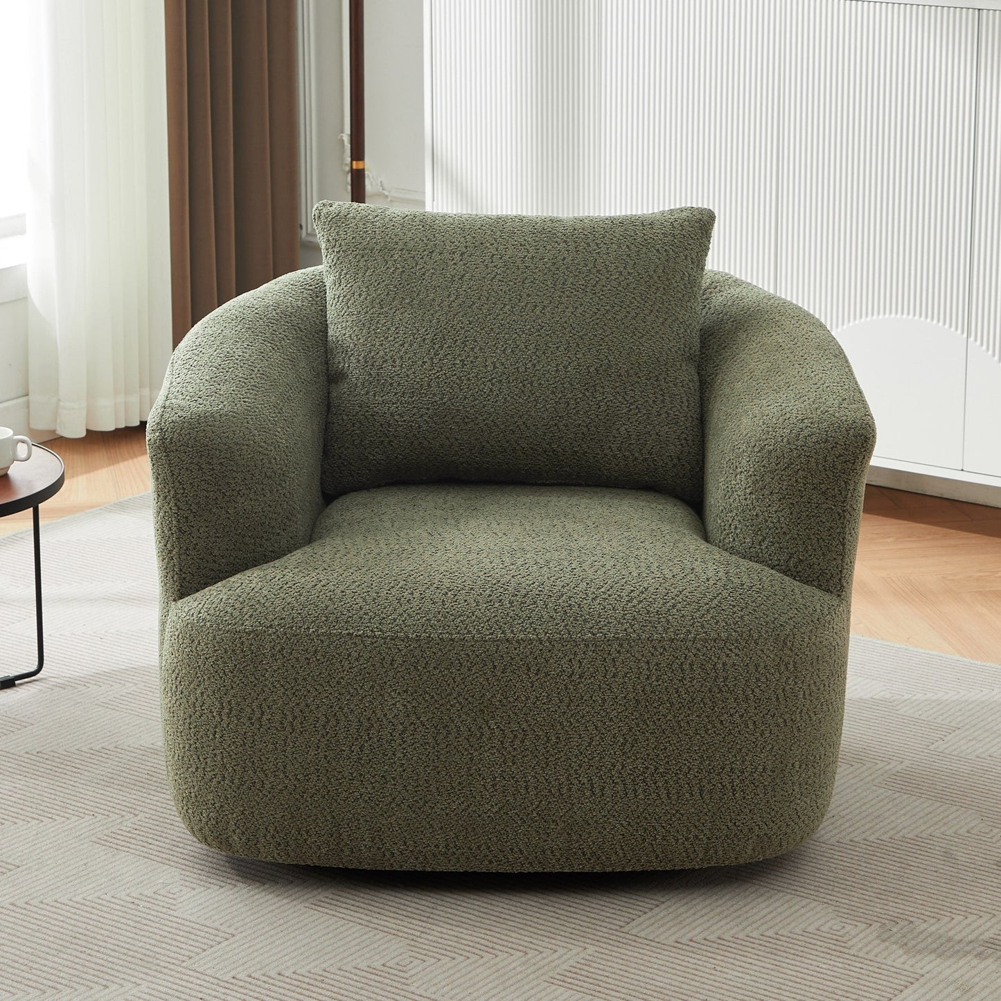 Fauteuil pivotant à 360°, fauteuil d'appoint Boucle 38,2 avec coussin décoratif, fauteuil tonneau rembourré avec accoudoirs incurvés