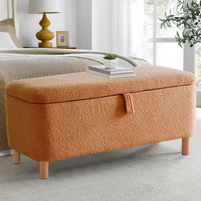 Banc ottoman de rangement en sherpa blanc cassé, repose-pieds, pour salon, chambre à coucher, pieds en bois