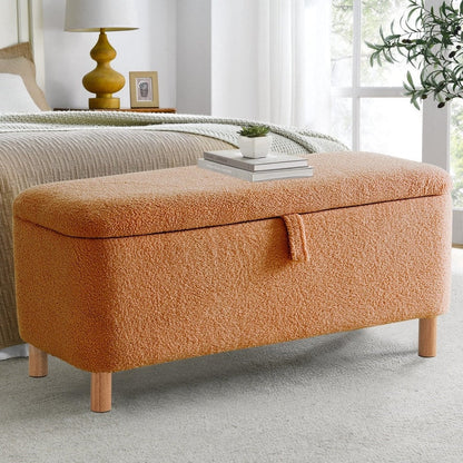 Banc ottoman de rangement en sherpa blanc cassé, repose-pieds, pour salon, chambre à coucher, pieds en bois
