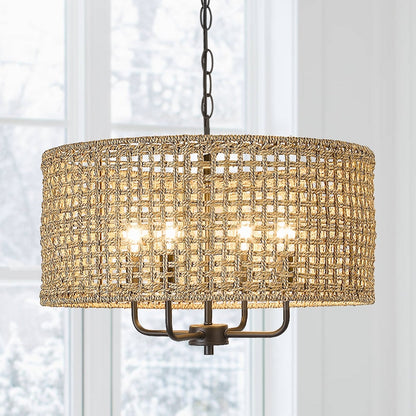 Lustre tambour bohème tissé à la main à 4 lumières - Paille - 20 po de largeur