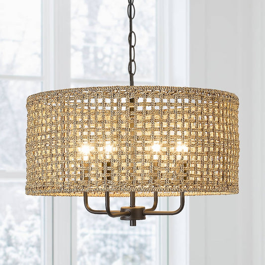 Lustre tambour bohème tissé à la main à 4 lumières - Paille - 20 po de largeur