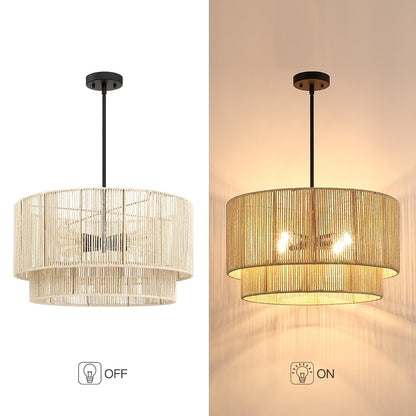 Lustre tambour à 4 lumières en rotin avec auvent noir - 22 po de largeur