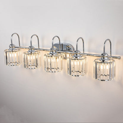 Luminaires de salle de bain en cristal à 5 ​​lumières, style glamour, linéaires et à intensité variable, avec abat-jour cylindrique en cristal
