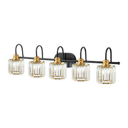 Luminaires de salle de bain en cristal à 5 ​​lumières, style glamour, linéaires et à intensité variable, avec abat-jour cylindrique en cristal