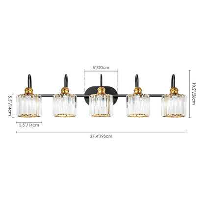Luminaires de salle de bain en cristal à 5 ​​lumières, style glamour, linéaires et à intensité variable, avec abat-jour cylindrique en cristal