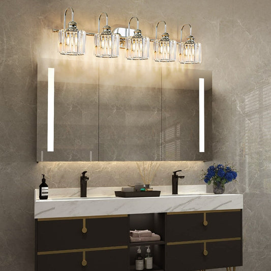 Luminaires de salle de bain en cristal à 5 ​​lumières, style glamour, linéaires et à intensité variable, avec abat-jour cylindrique en cristal