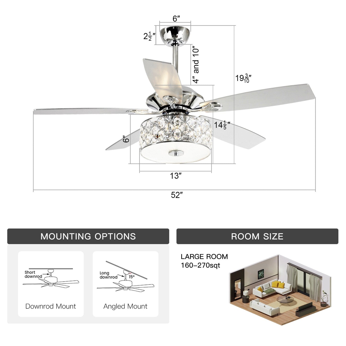 Ventilateur de plafond moderne à 4 lumières avec télécommande
