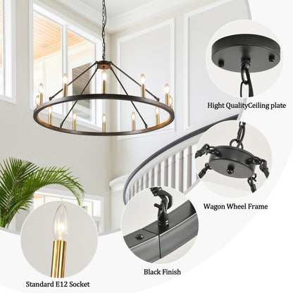 Lustre rond à 24 lumières en forme de roue de chariot de 54 pouces