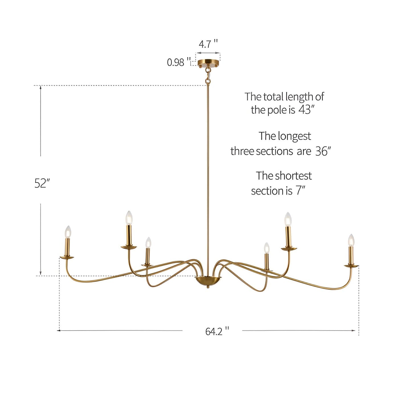Lustre minimaliste à 6 lumières de 64 pouces, noir mat, or et chrome - N/A