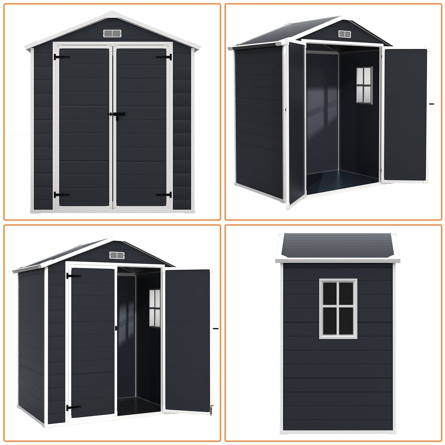 Abri de rangement extérieur en plastique et résine toutes saisons de 6 pi x 4 pi/6 pi x 8 pi/8 pi x 6 pi/8 pi x 10 pi avec plancher, abri à outils Spire