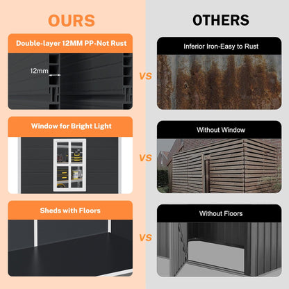 Abri de rangement extérieur en plastique et résine toutes saisons de 6 pi x 4 pi/6 pi x 8 pi/8 pi x 6 pi/8 pi x 10 pi avec plancher, abri à outils Spire