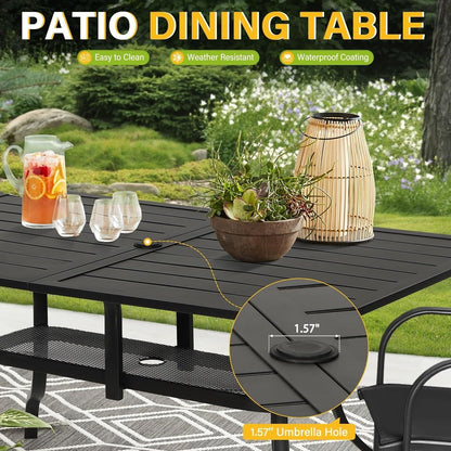 Table à manger rectangulaire en métal pour patio extérieur 60 x 37 avec trou pour parasol pour 6 personnes