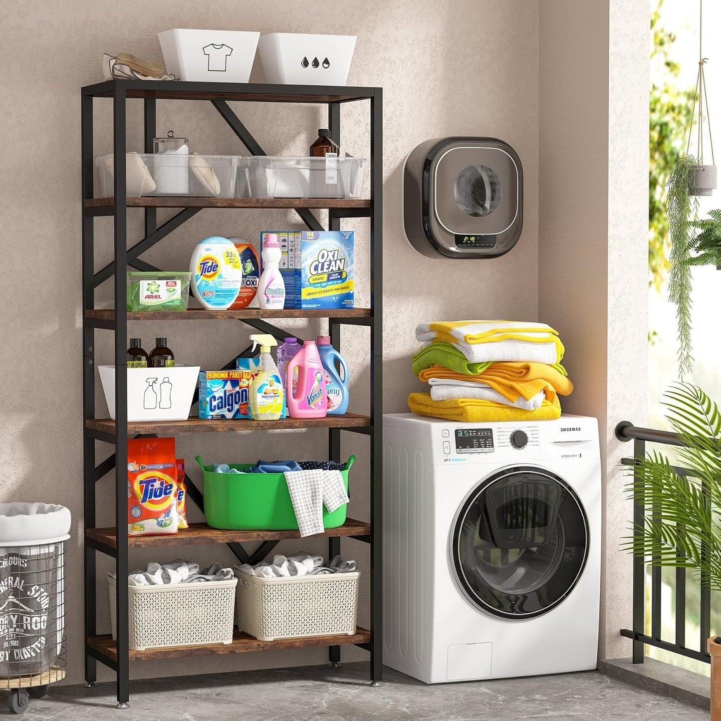 Bibliothèque industrielle 71, étagère à 6 niveaux en bois brun rustique, étagères à livres ouvertes