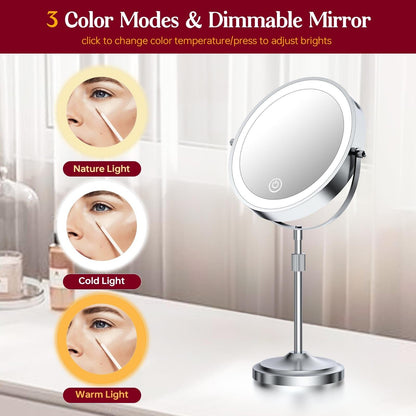 Miroir de maquillage éclairé à 9 LED, miroir grossissant double face avec grossissement 1X/10x, 3 couleurs d'éclairage
