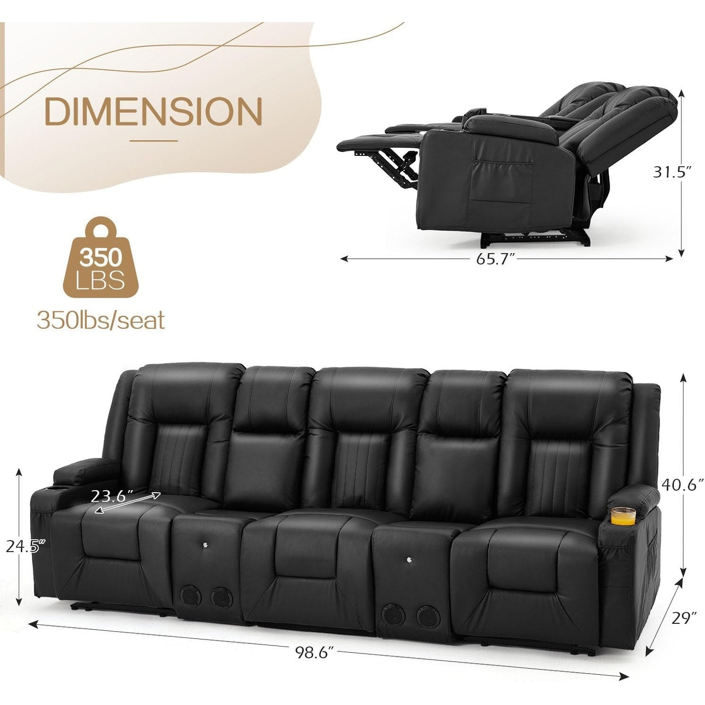 Canapé inclinable manuel AECOJOY pour camping-car, siège de cinéma maison en polyuréthane avec console