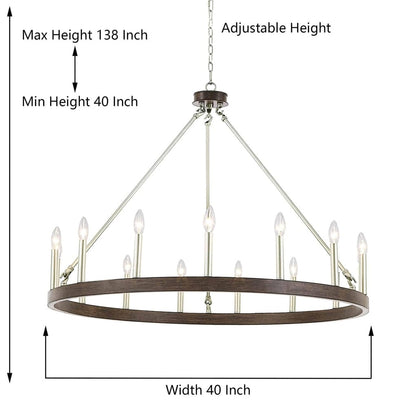 Lustre Acroma Farmhouse à 12 lumières, 40 po, en forme de roue de chariot, certifié UL - 40 po P x 138 po H
