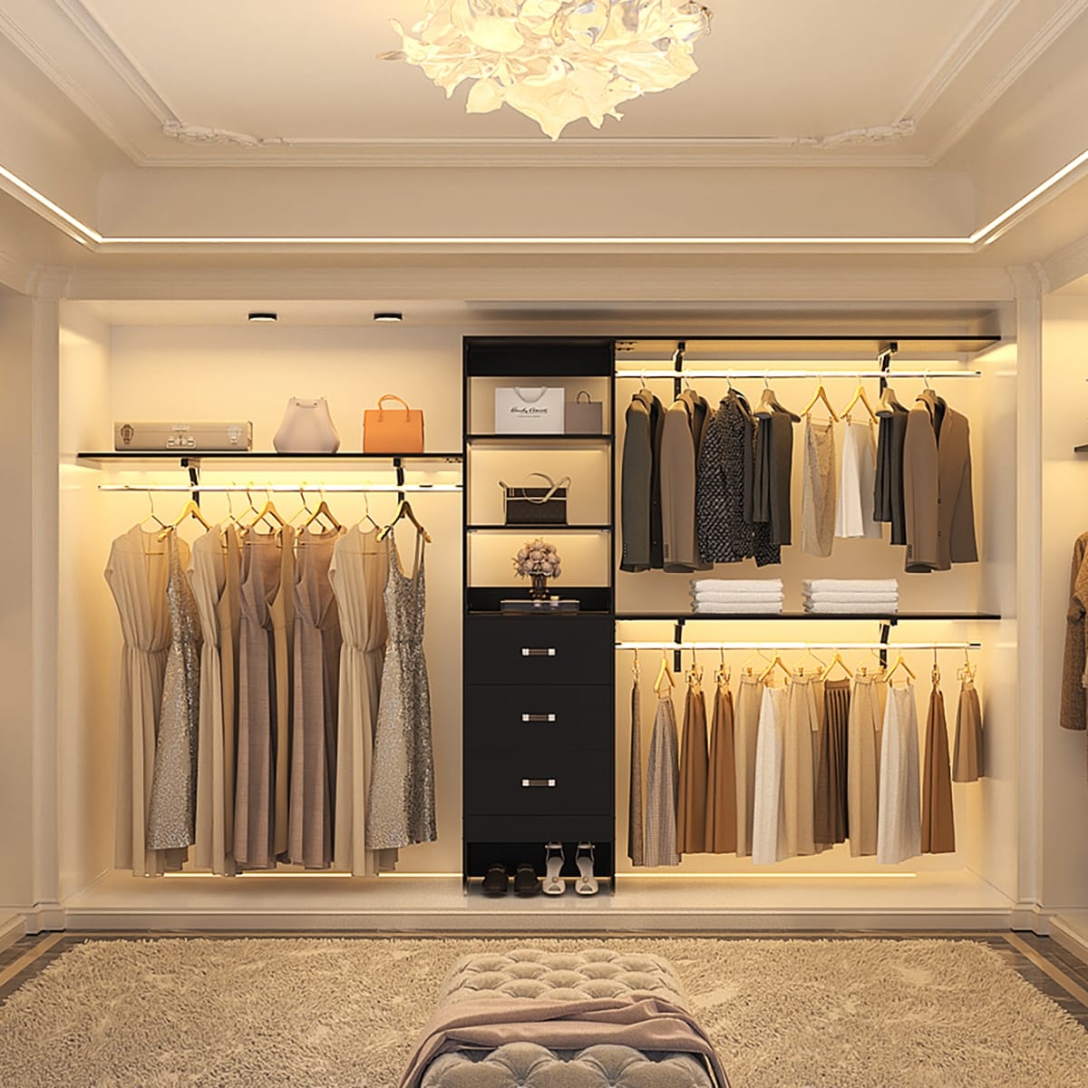 Rackcog Organiseur de placard réglable de 120 pouces avec tiroirs, système de placard avec étagères de bricolage pour placards et dressings