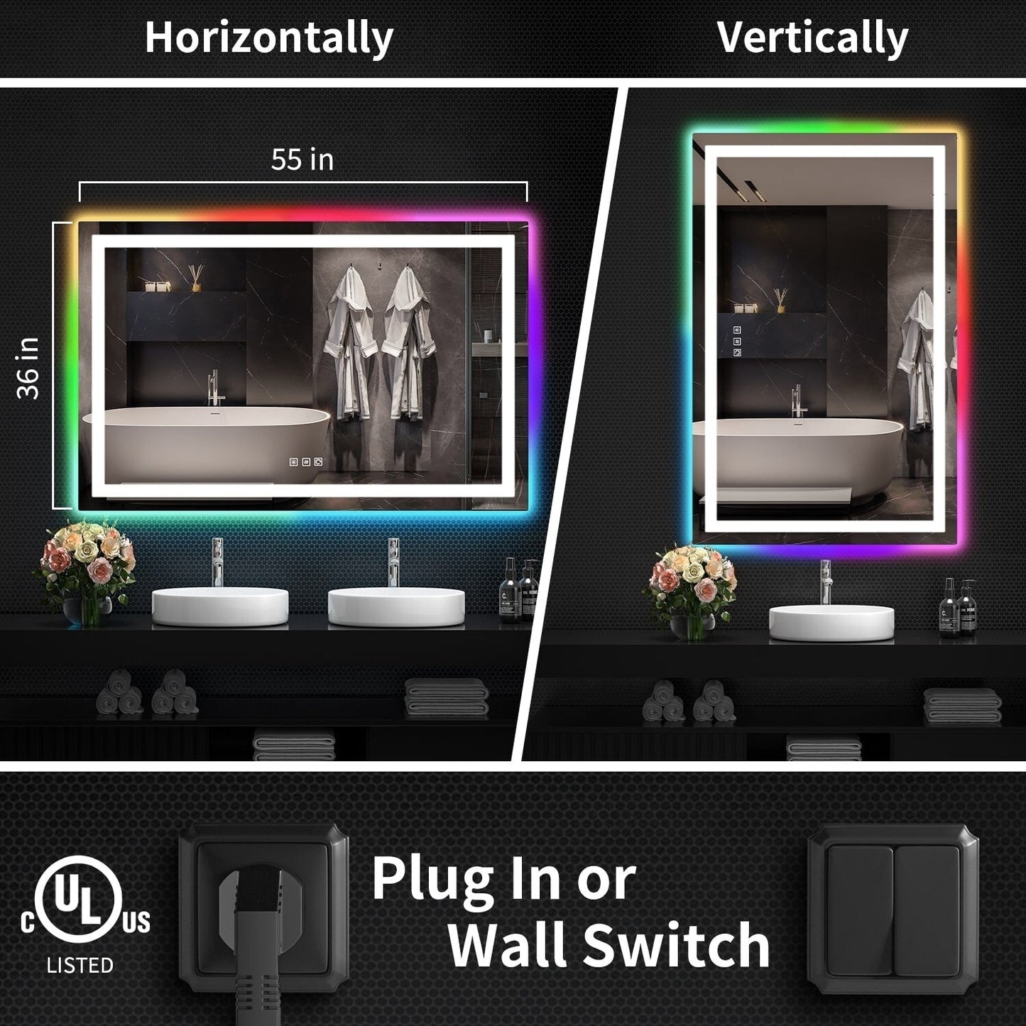 Miroir de salle de bain antibuée rétroéclairé RVB et à éclairage frontal LED