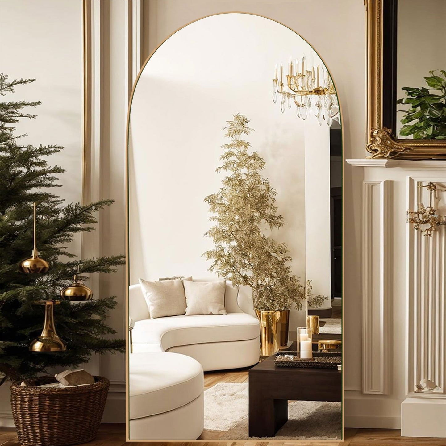 Miroir de sol en bois arqué pleine longueur, miroir mural