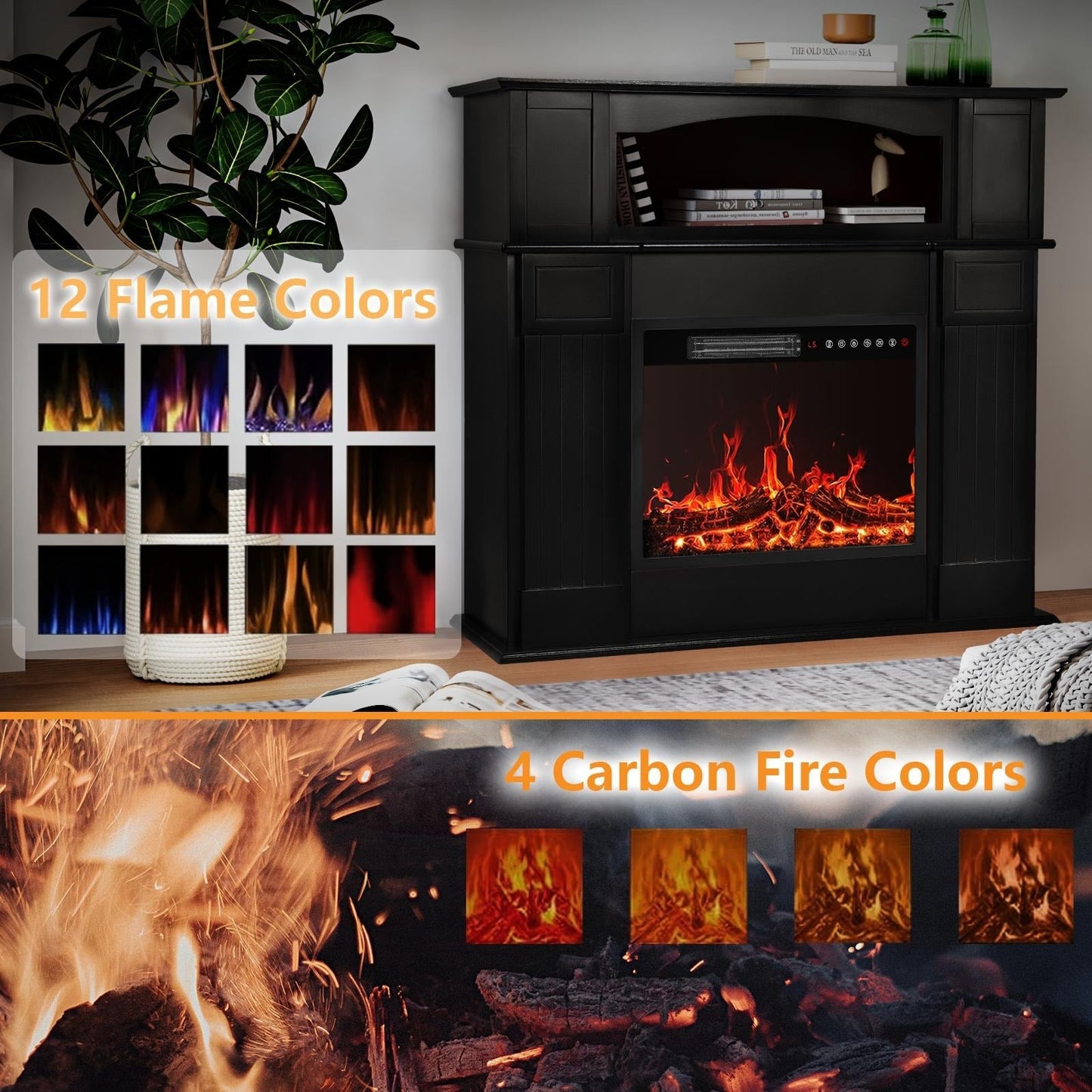 Cheminée électrique Bossin 43 avec manteau, insert de cheminée électrique de 23 pouces, meuble TV autonome avec foyer en bois