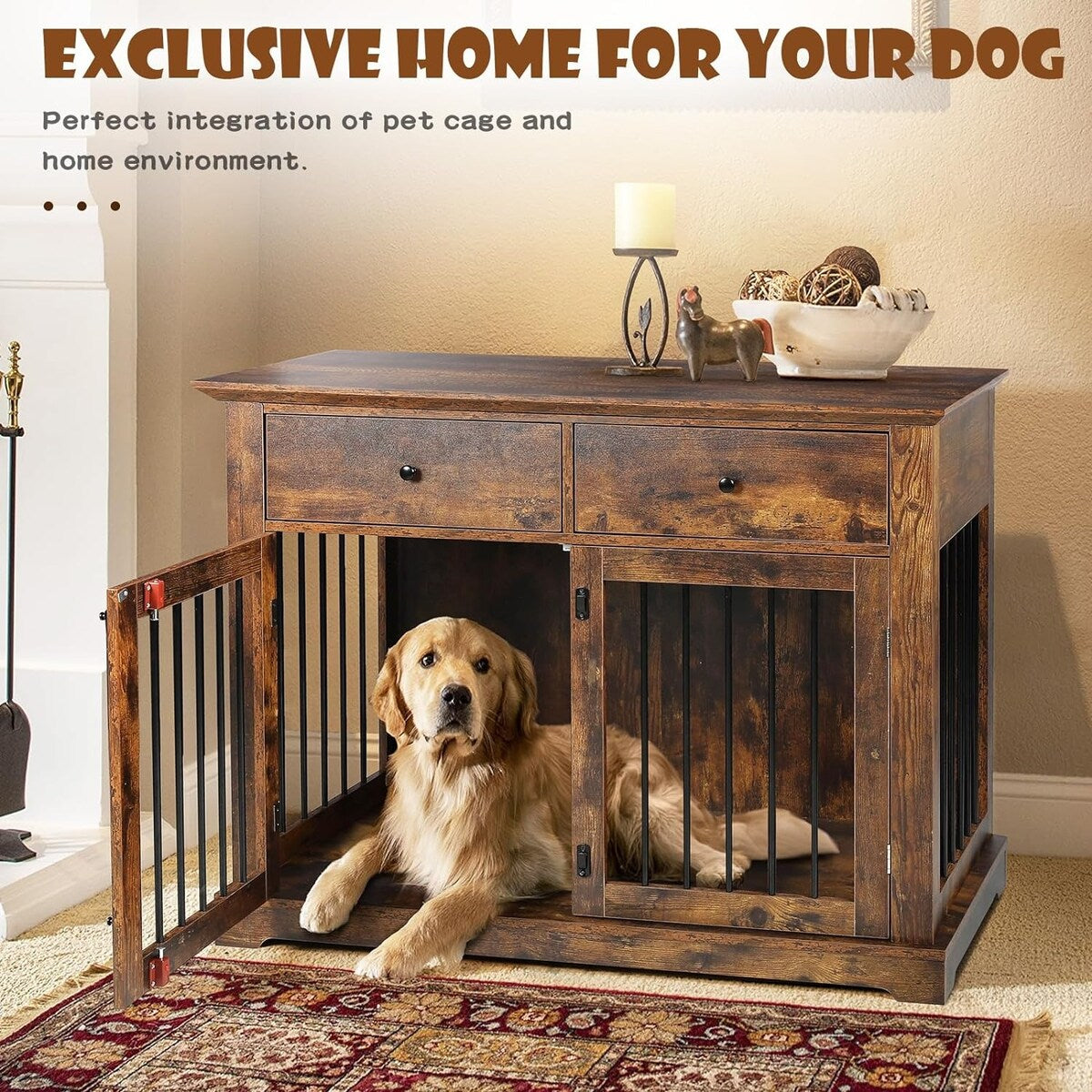 Cage pour chien Bossin de 111 cm de large, table d'appoint en bois avec tiroirs de rangement, niche décorative pour animaux de compagnie.