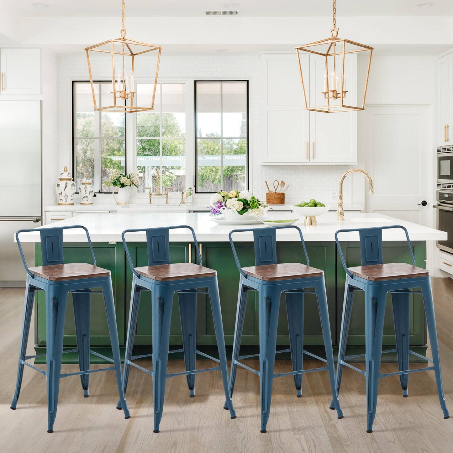 Lot de 4 tabourets de bar industriels en métal avec dossier et assise en bois