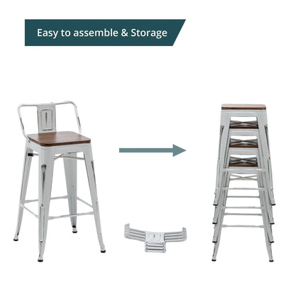 Lot de 4 tabourets de bar industriels en métal avec dossier et assise en bois