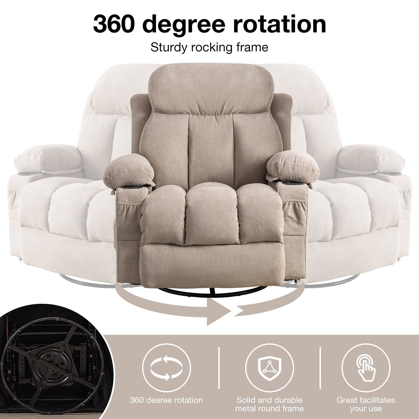 Fauteuil inclinable pivotant beige avec massage, chauffage et chargement USB