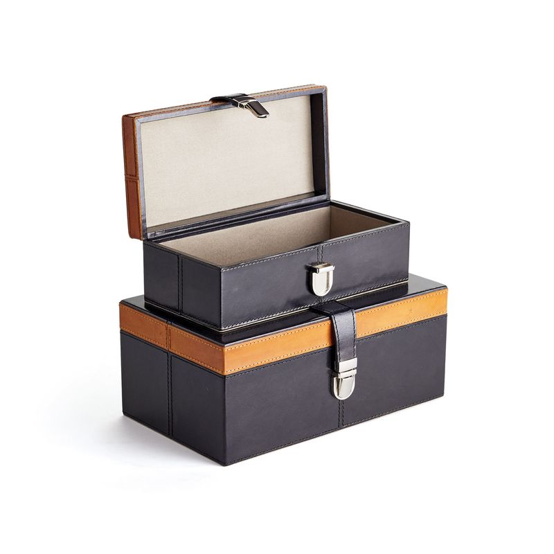 Coffret Brentwood – Cuir bleu marine et cigare avec nickel poli, lot de 2