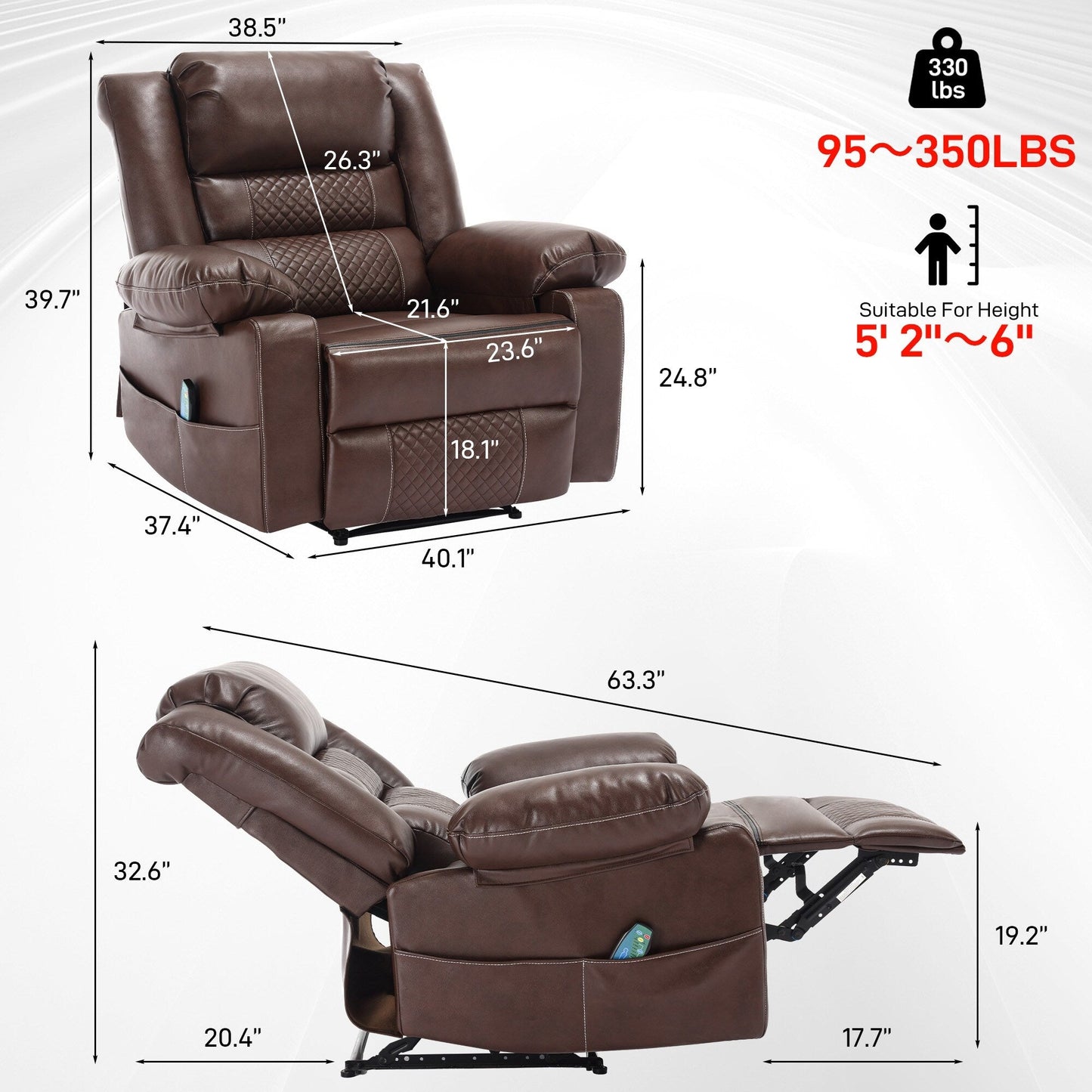 Fauteuil inclinable manuel marron avec massage à 8 points, fonction chauffante et cadre robuste pour un confort optimal au salon