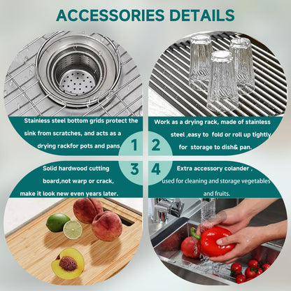 Évier de cuisine sous plan CB HOME 32 po, encastrable, noir/acier inoxydable, cuve simple avec accessoires