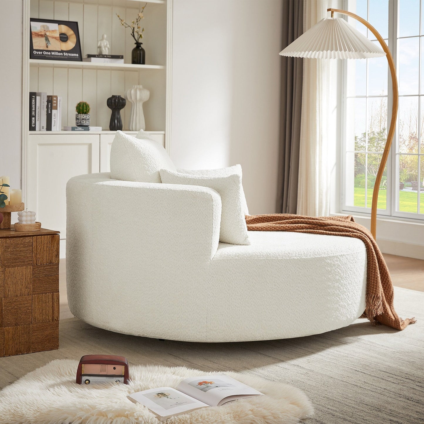 Fauteuil d'appoint en chenille, fauteuil rond avec base pivotante à 360 degrés et 3 coussins amovibles