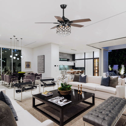 Lustre/ventilateur de plafond à 4 lumières en chrome/cristal avec télécommande