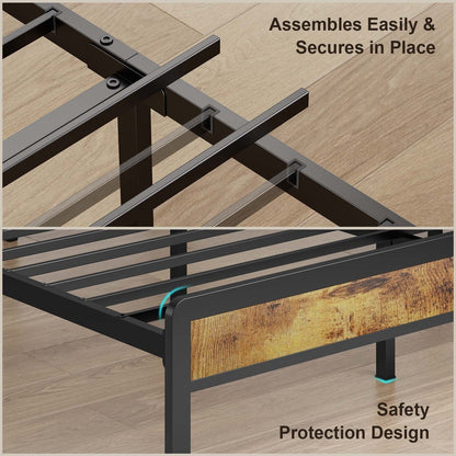 Cadre de lit plateforme en métal pour lit simple, double, queen ou king size avec tête de lit rembourrée et rangement