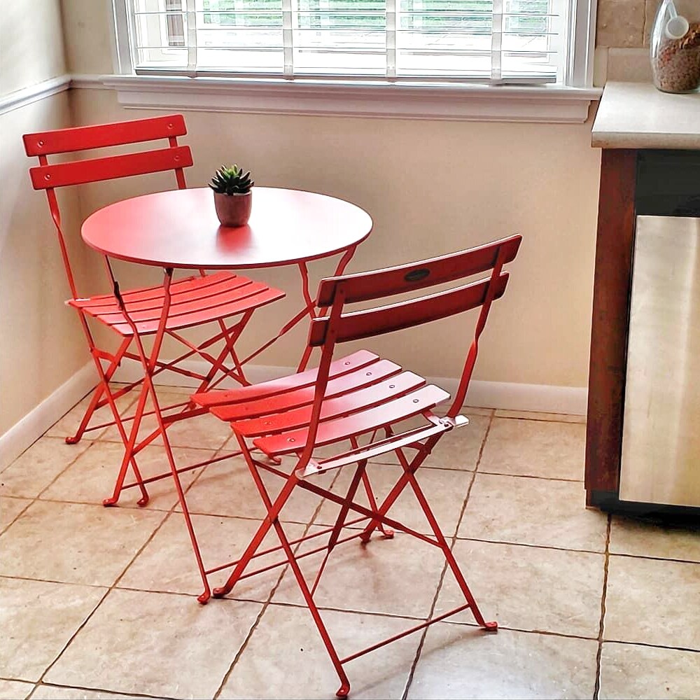 Ensemble bistrot pliant en métal 3 pièces, résistant aux intempéries, pour l'extérieur et l'intérieur, idéal pour la terrasse, la cour et le jardin.