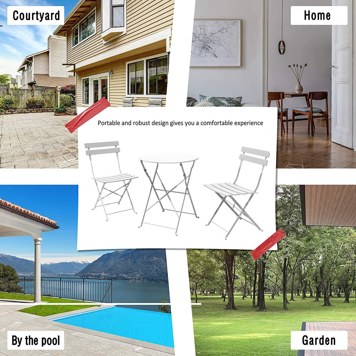 Ensemble bistrot pliant en métal 3 pièces, résistant aux intempéries, pour l'extérieur et l'intérieur, idéal pour la terrasse, la cour et le jardin.