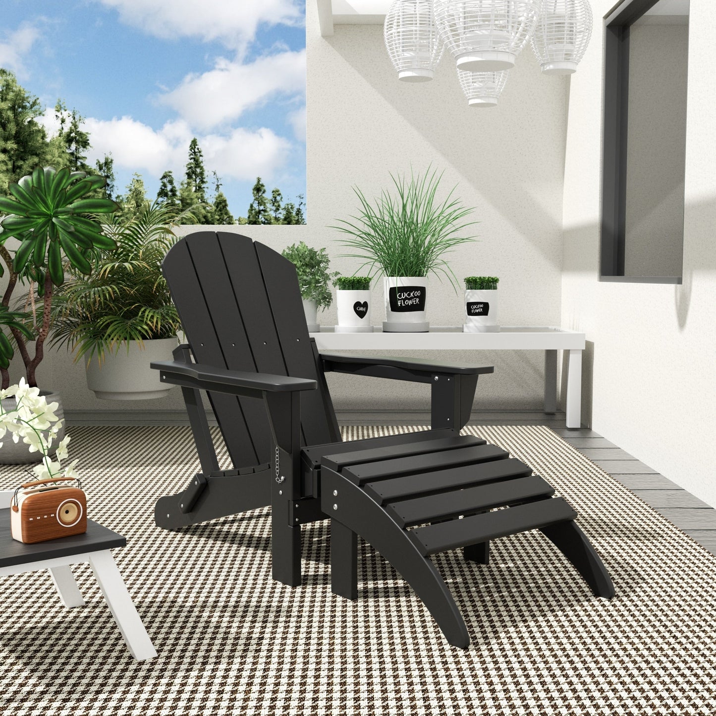 Chaise Adirondack pliable Polytrends Laguna en PEHD pour terrasse extérieure toutes saisons avec pouf (ensemble 2 pièces)